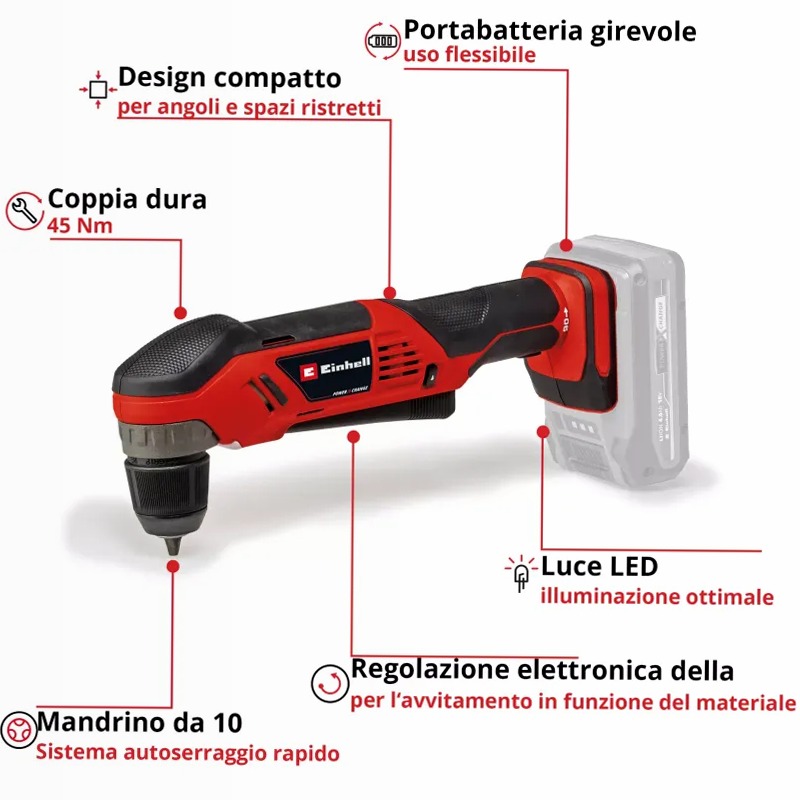 Einhell Trapano Angolare a Batteria TE-AD 18 Li - Solo