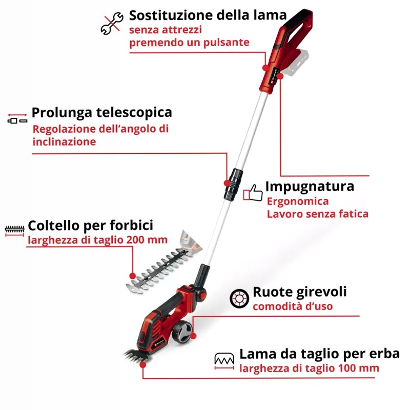 Einhell Forbici per erba e cespugli a batteria GE-CG 18/100 Li T-Solo