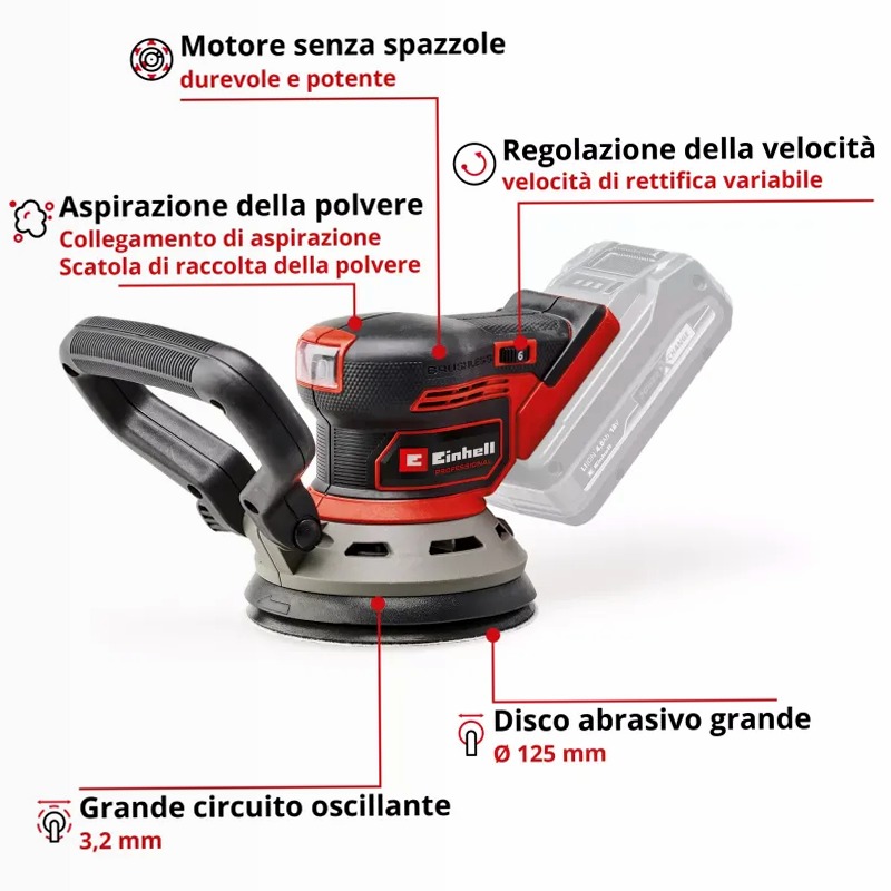 Einhell Smerigliatrice Rotorbitale a Batteria TP-RS 18/32 Li BL-Solo