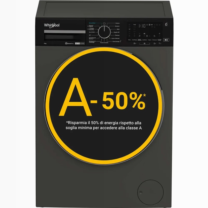 Lavatrice smart connessa con WiFi Whirlpool 9 kg - WPM 911G ADS IT - SenseWash 9kg Grigio Libera