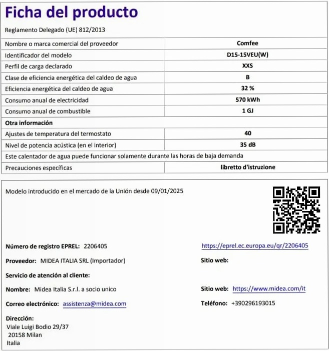 Scaldabagno Elettrico Comfee D15-15VEU B 15lt