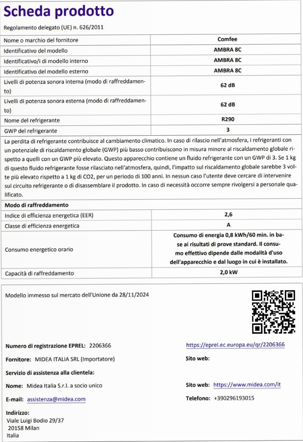 COMFEE Ambra 8C - Condizionatore Portatile 7000 BTU