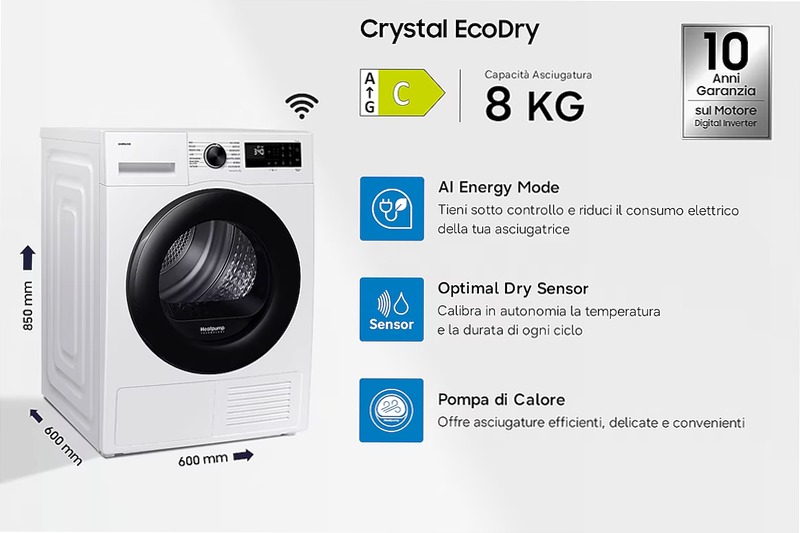 Asciugatrice Samsung Crystal EcoDry 8 Kg DV80DG52B0AEET 8kg C Bianco