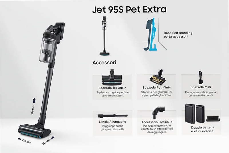Aspirapolvere senza filo Samsung Jet 95S Pet Extra 280W 120min 2.70kg con spazzola Jet Dual+ Satin Black | Samsung Italia
