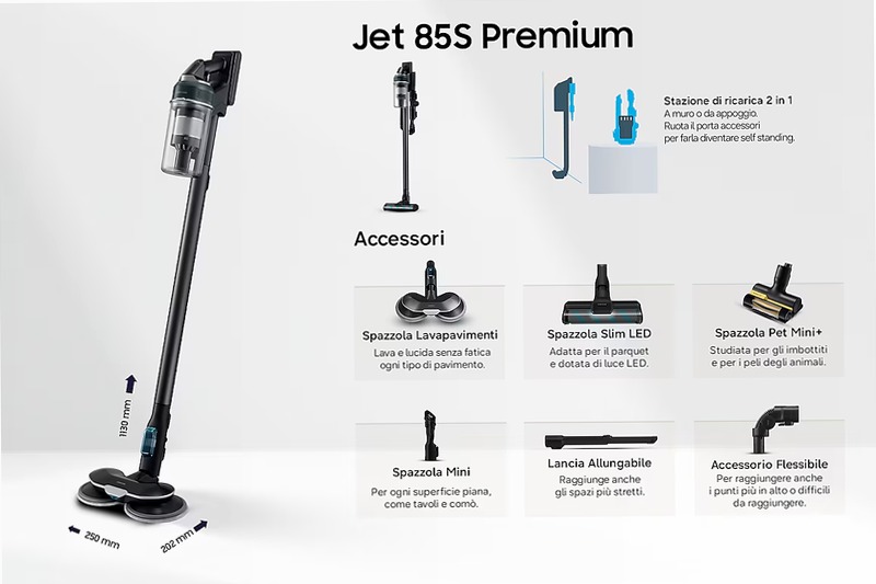 Aspirapolvere senza filo Samsung Jet 85S Premium 250W 60 min 2,43 kg con Spazzola Slim LED Teal Green | Samsung Italia