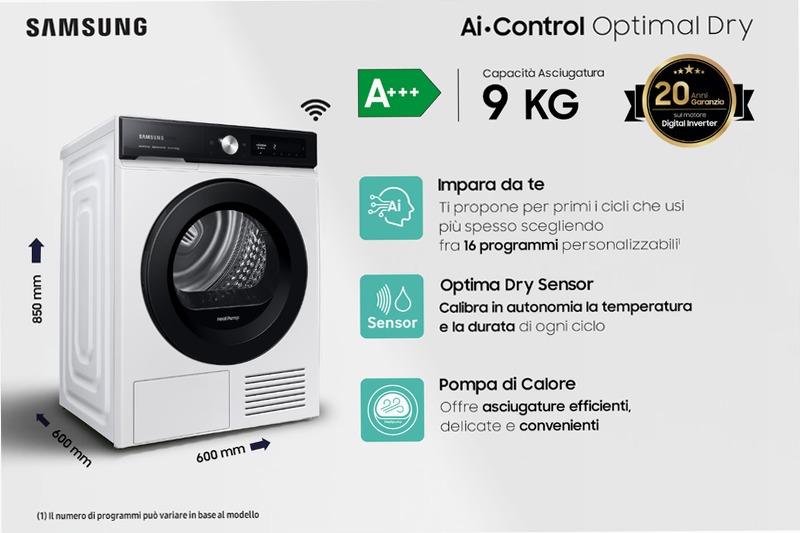 Asciugatrice AI Control Optimal Dry 9Kg C Bianco