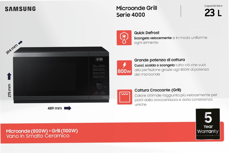 Microonde Samsung Grill MW4000D - Cottura Croccante e Semplice Nero 23