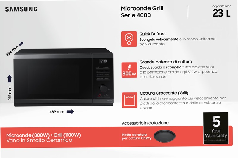 Microonde Samsung Grill Cottura Croccante 23L MG23DG4524CGE1 Nero 23