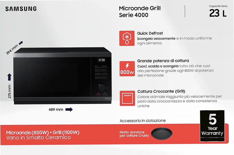 Microonde Samsung Grill Cottura Croccante 23L MG23DG4524CGE1 Nero 23