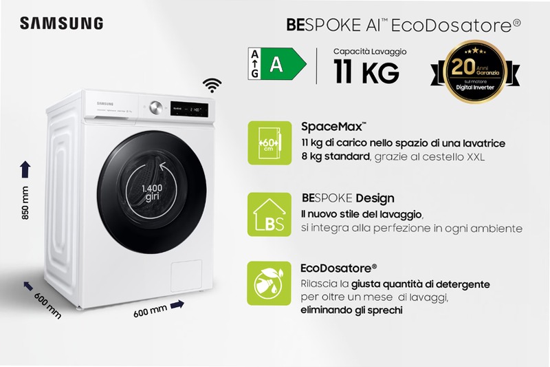 Lavatrice Bespoke AI™ Ecodosatore 11Kg WW11BB744DGW Bianco