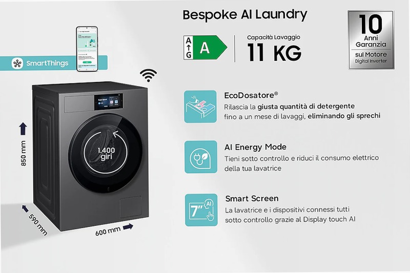 Lavatrice Samsung Bespoke AI Laundry 11Kg Acciaio