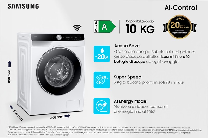 Lavatrice Samsung AI Control 10kg WW10FG6U34LKU3 10kg Bianco