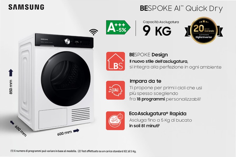 Asciugatrice Bespoke AI™ QuickDry 9Kg DV90BB7445GE C Bianco