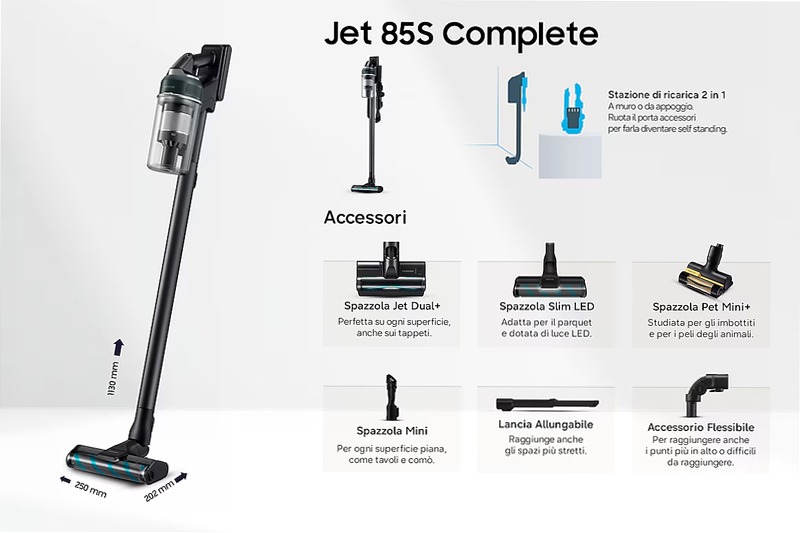 Aspirapolvere senza filo Samsung Jet 85S Complete 250W 60 Min. 2.43kg con spazzola Slim LED Teal Green | Samsung Italia