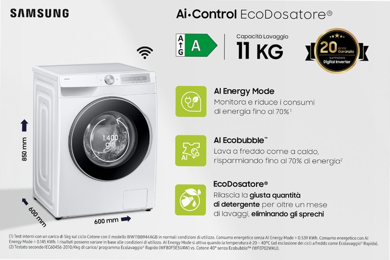 Lavatrice Samsung AI Control Ecodosatore 11Kg WW11DG6B85LHU3 Bianco