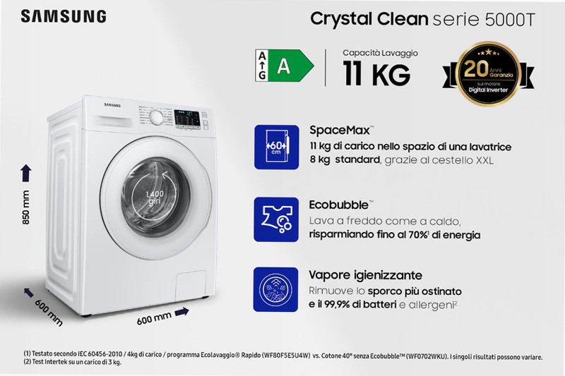 Lavatrice Crystal Clean WW11BGA046TTET - Samsung IT 1400rpm 11kg Bianco