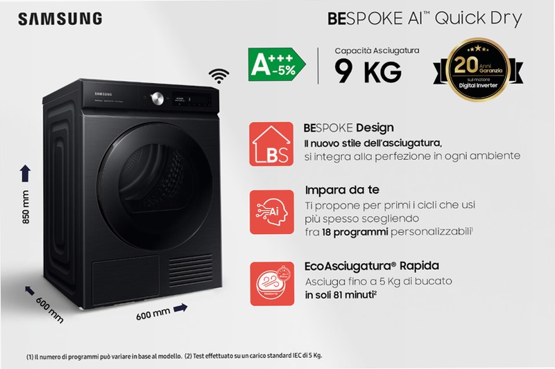 Asciugatrice Bespoke AI™ QuickDry 9Kg DV90BB7445GB C Nero