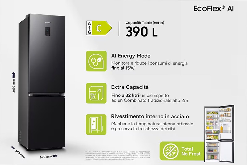 Frigorifero Combinato Samsung EcoFlex AI 2m 390L RB38C776CB1/EF Nero C