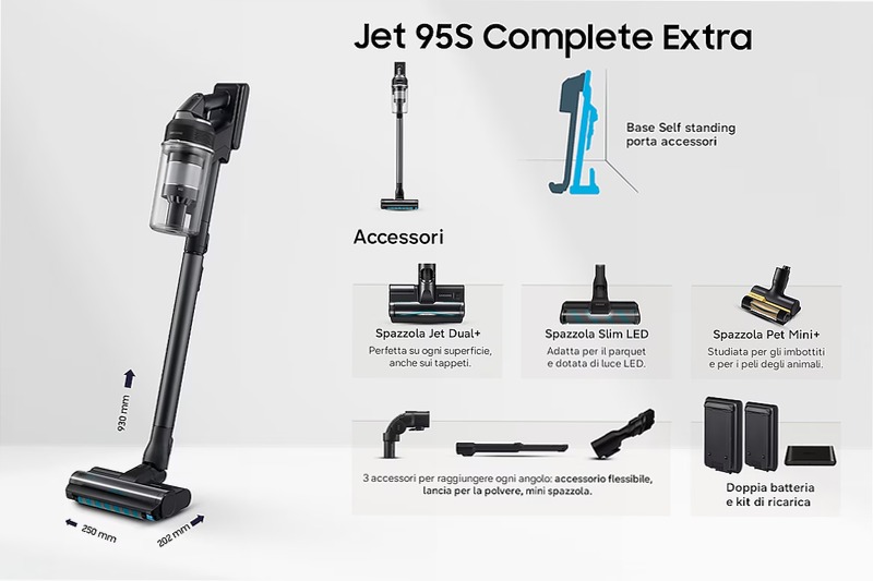 Aspirapolvere senza filo Samsung Jet 95S Complete Extra 280W 120 min 2.49kg con spazzola Slim LED Satin Black | Samsung Italia