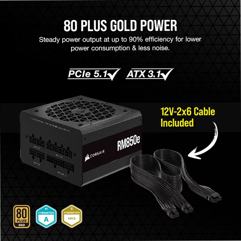 Alimentatore ATX RMe Series™ RM850 interamente modulare e a bassa rumorosità
