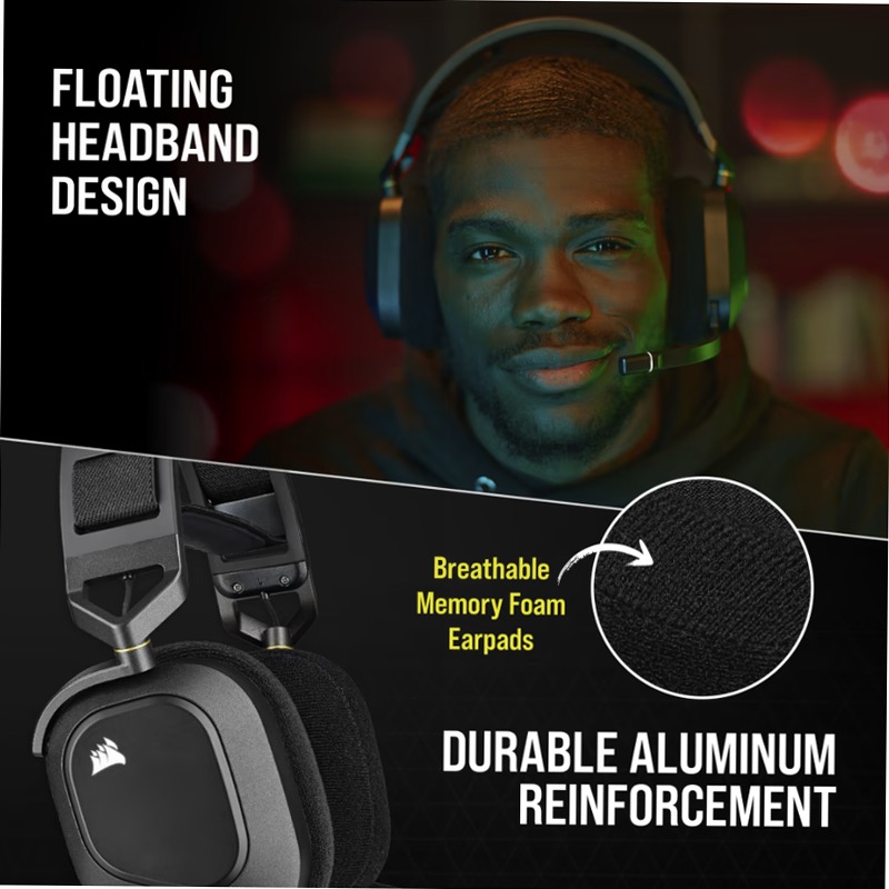 Cuffia gaming con microfono premium HS80 RGB WIRELESS con audio spaziale — Carbonio