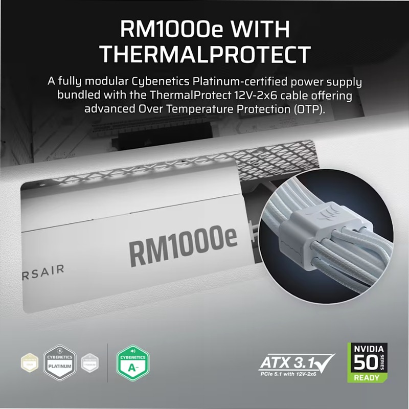 RM1000e ATX 3.1 Low-Noise ATX Power Supply with ThermalProtect 12V-2x6 Cable - White (EU)