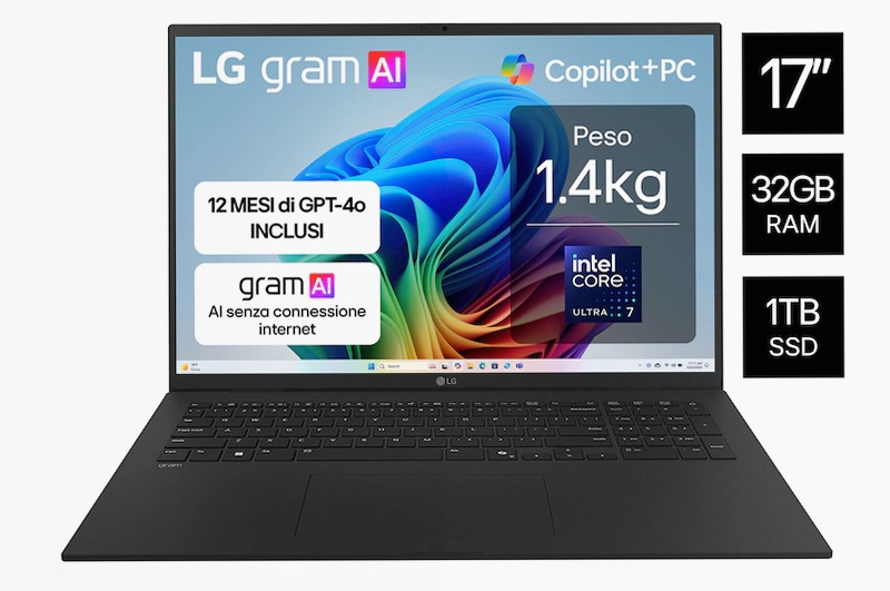Notebook gram 17" Copilot+ PC, Windows 11 Home, Ultra 7, 32GB RAM, 1TB SSD, Nero | LG Italia 32 1TB SSD