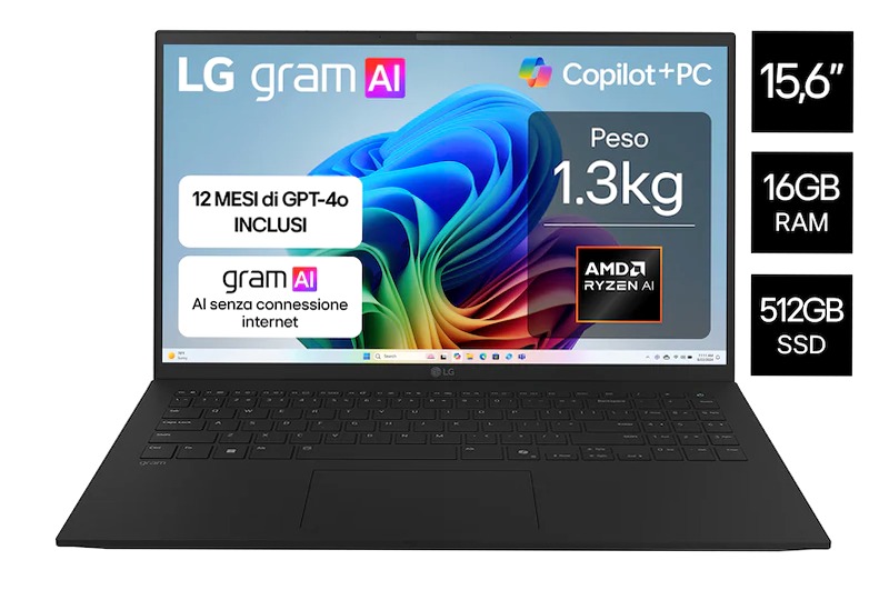 Notebook gram 15,6" Copilot+ PC, Windows 11 Home, Ryzen AI 7, 16GB RAM, 512GB SSD, Nero | LG Italia 16 512GB SSD