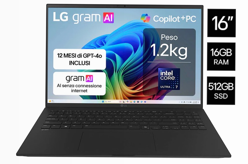 Notebook gram 16" Copilot+ PC | Windows 11 Home | Ultra 7, 16GB RAM, 1TB SSD, Nero | LG Italia 16 512 GB SSD