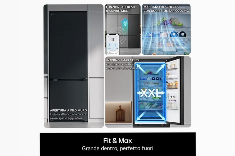 Frigorifero combinato Fit & Max 60 cm | Classe A, 375 L | AI Inverter, Wi-Fi, Door Cooling, Total No Frost | Prime Silver | LG Italia Argento
