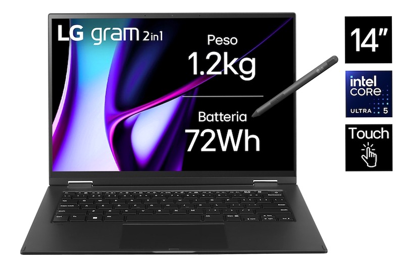 Notebook gram 2 in 1 14", Windows 11 Home, Ultra5, 16GB RAM, 512GB SSD, Touch e Convertibile, Nero | LG Italia 16 512GB SSD NVMe 14"