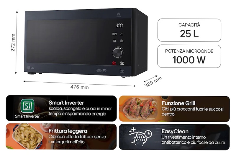 Microonde NeoChef 25 litri - Frittura leggera, Grill & Smart Inverter Acciaio