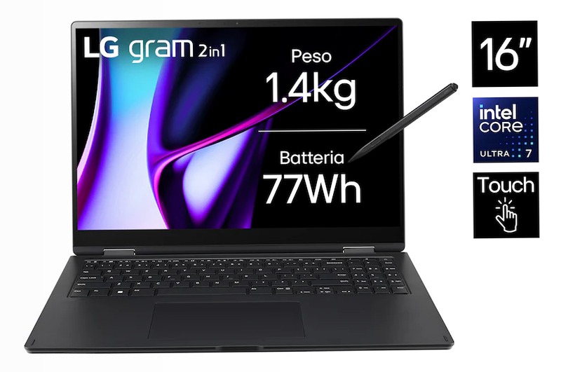 Notebook gram Pro 2 in 1 16", Windows 11 Home, Ultra7, 16GB RAM, 512GB SSD, Touch e Convertibile, Nero | LG Italia 16 512GB SSD 16"