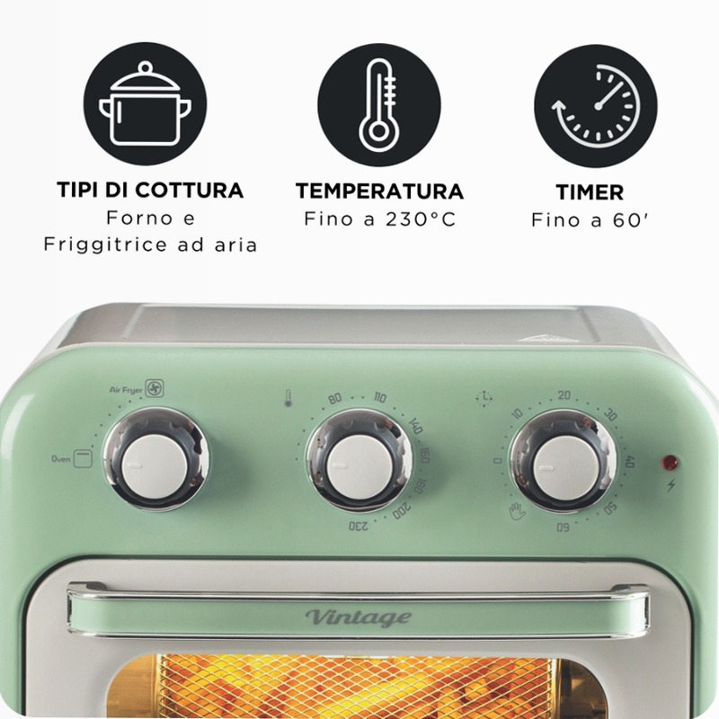 Friggitrice ad aria + Forno Vintage Ariete 4632 Verde 16lt