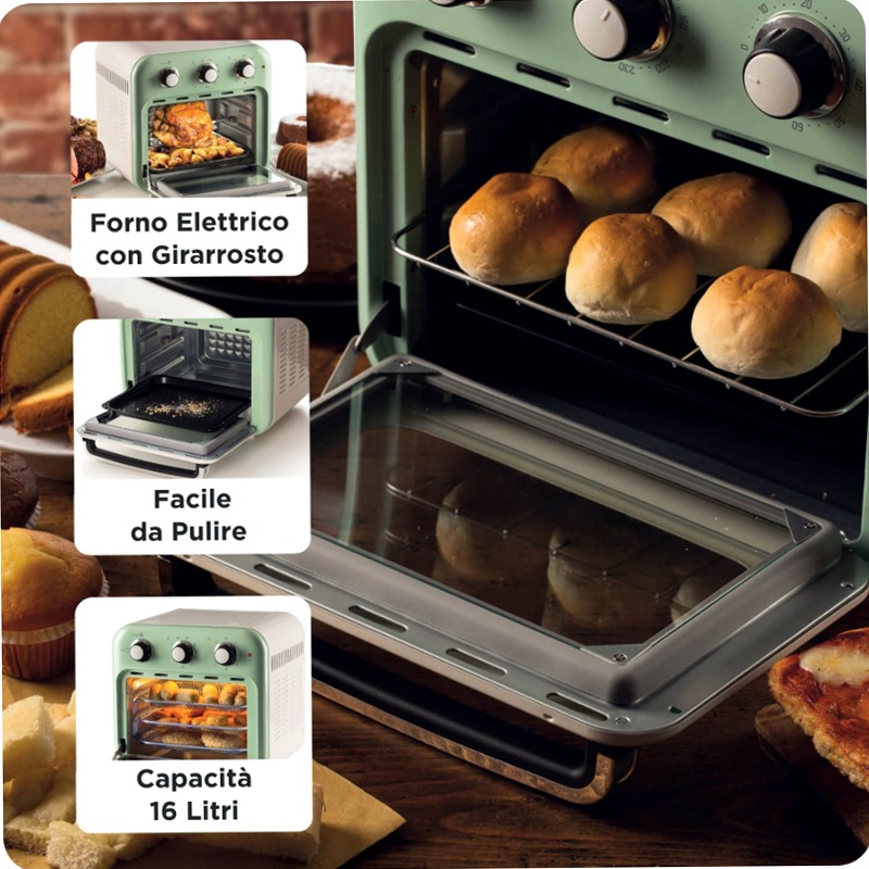 Friggitrice ad aria + Forno Vintage Ariete 4632 Verde 16lt