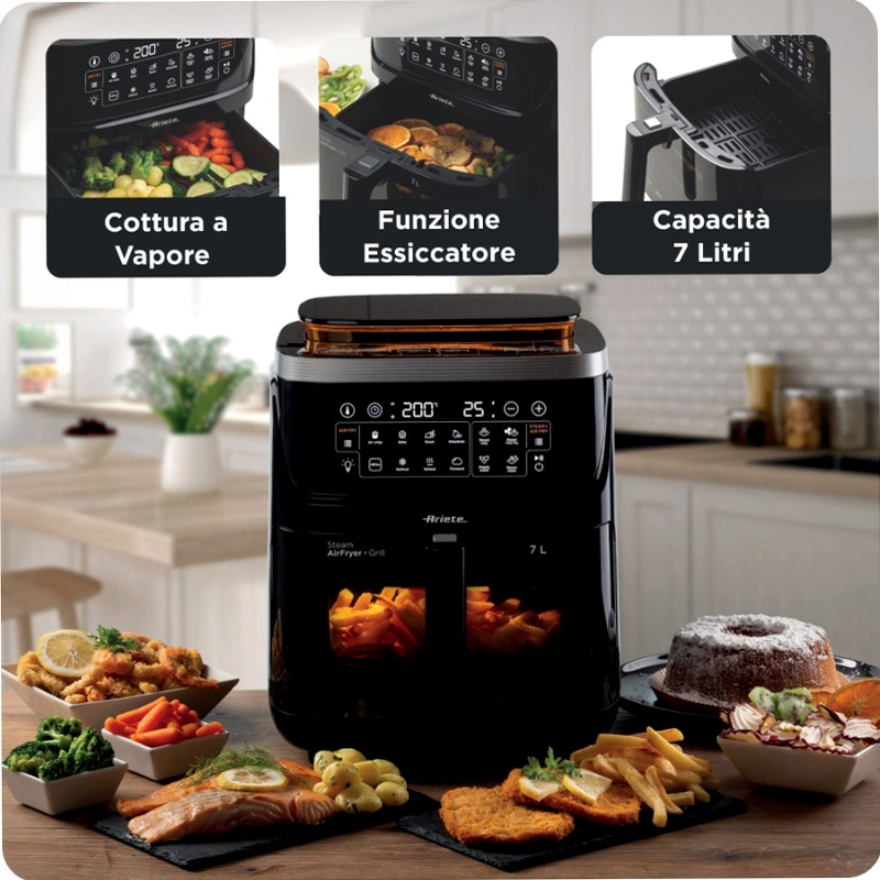 Friggitrice ad Aria con Vapore e Grill - 4636 Ariete Nero 7lt