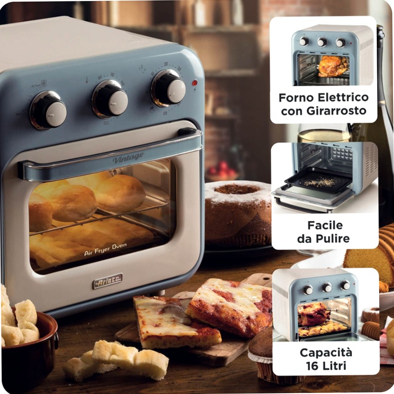 Friggitrice ad aria + Forno Vintage Ariete 4632 Celeste 16lt