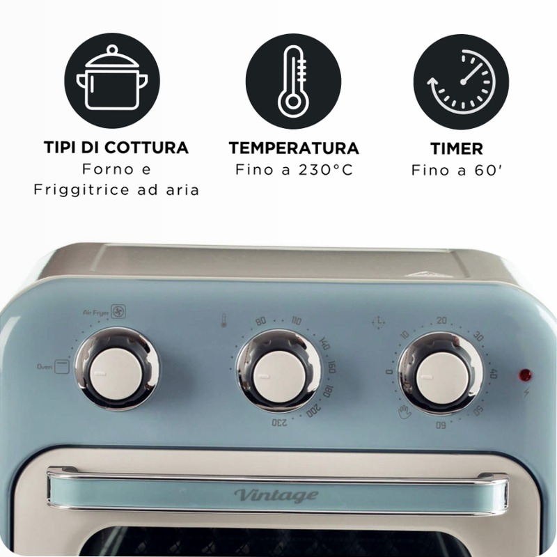 Friggitrice ad aria + Forno Vintage Ariete 4632 Celeste 16lt
