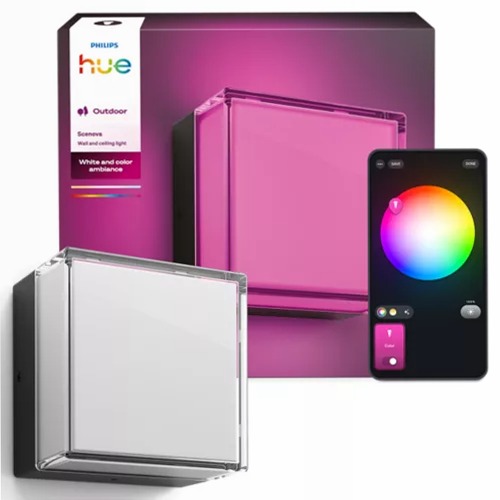 Applique quadrato Scenova per esterni con luce LED connessa bianca e colorata. Design resistente alle intemperie per patii, giardini e ingressi con controllo vocale e tramite app.