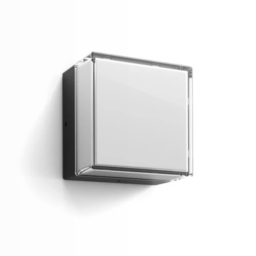 Applique quadrato Scenova per esterni con luce LED connessa bianca e colorata. Design resistente alle intemperie per patii, giardini e ingressi con controllo vocale e tramite app.