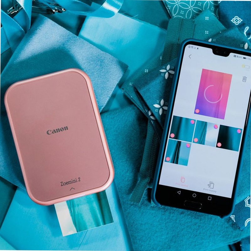 Stampante fotografica portatile a colori Canon Zoemini 2, rosa gold + Carta fotografica ZINK™ 5 x 7,6 cm (20 fogli) + Carta adesiva circolare ZINK™ 3,3 cm (10 fogli) 50ppm