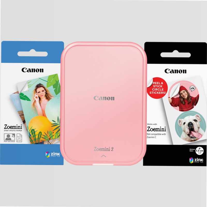 Stampante fotografica portatile a colori Canon Zoemini 2, rosa gold + Carta fotografica ZINK™ 5 x 7,6 cm (20 fogli) + Carta adesiva circolare ZINK™ 3,3 cm (10 fogli) 50ppm