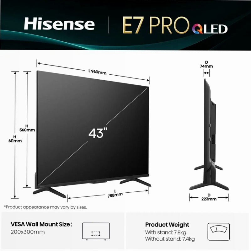Hisense TV SET 43E7Q PRO HSN Nero 43" HD QLED