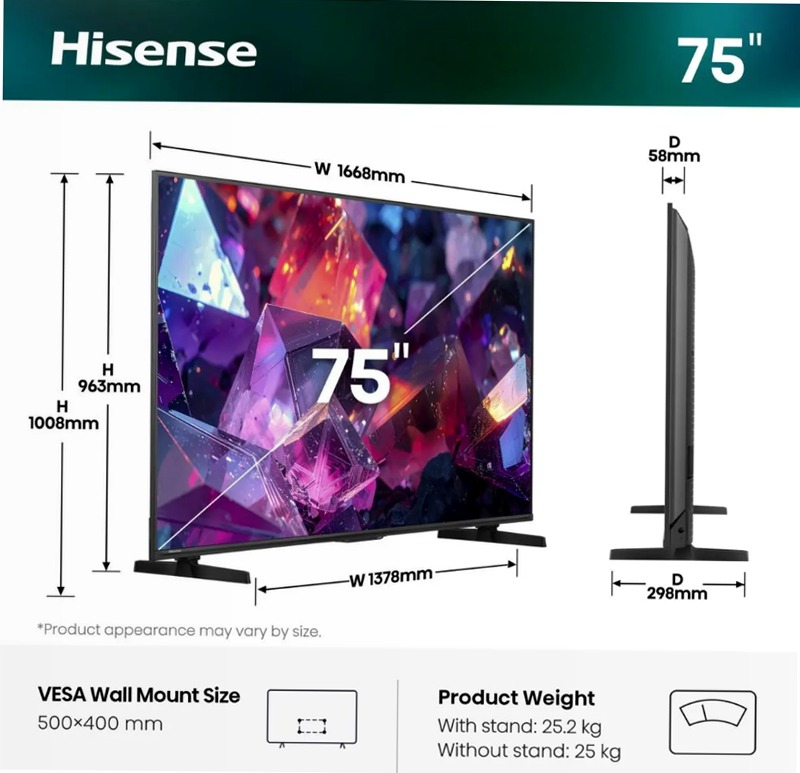 Hisense TV SET 75E7S PRO HSN Grigio 75" HD QLED