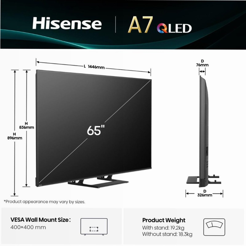 Hisense TV SET 65A7Q HSN - Smart TV 4K Ultra HD Nero 65" QLED