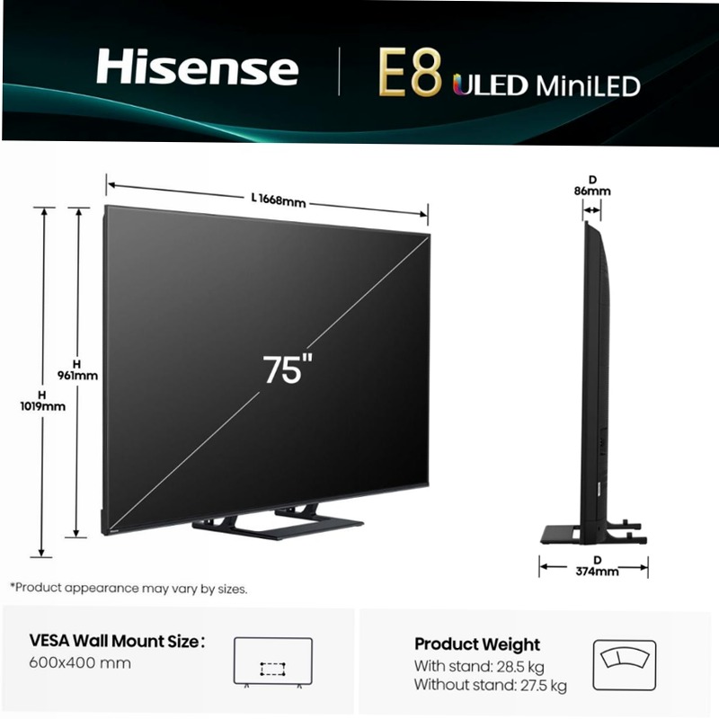 Hisense TV SET 75E8Q HSN Grigio 75" HD LED