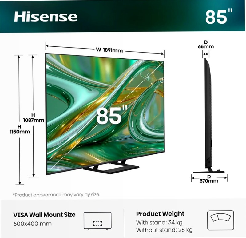 Hisense TV SET 85E8S HSN - Smart TV ULED 4K Grigio 85" HD LED