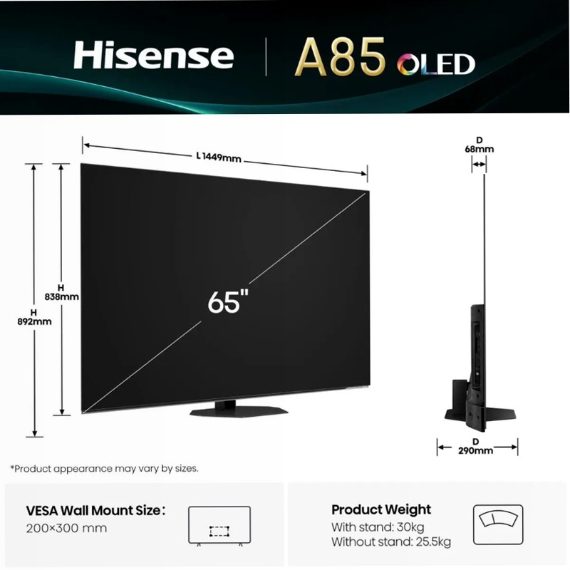 Hisense TV SET 65A8DQ HSN - Smart TV OLED Grigio 65" HD
