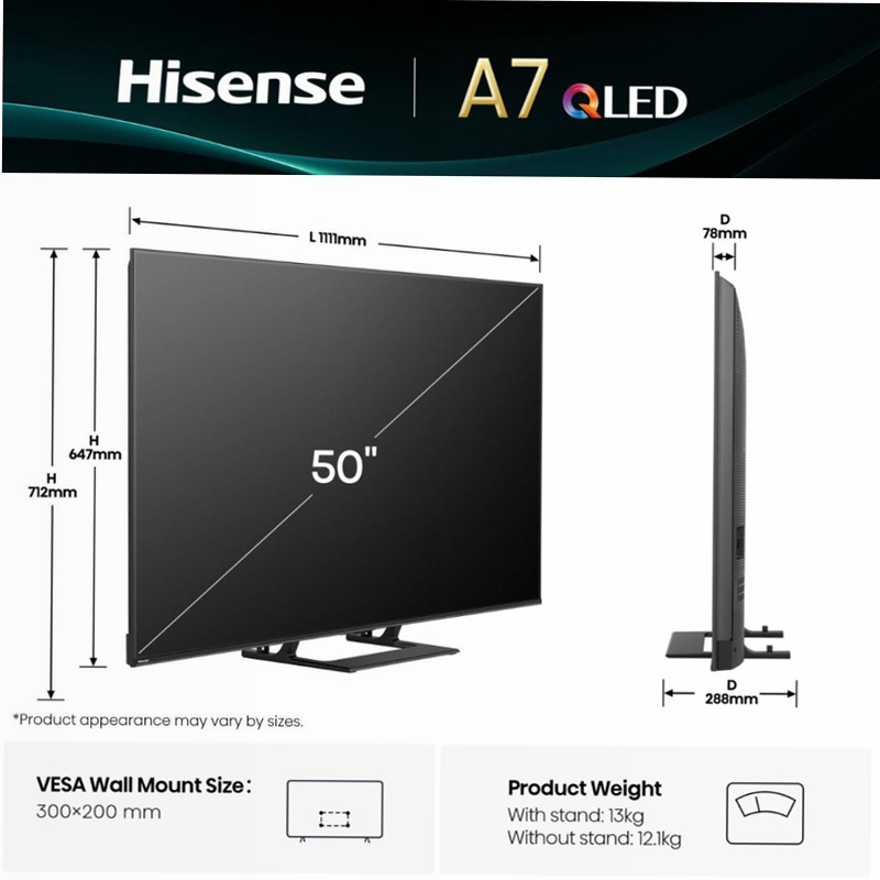 Hisense TV SET 50A72Q HSN Nero 50" HD QLED