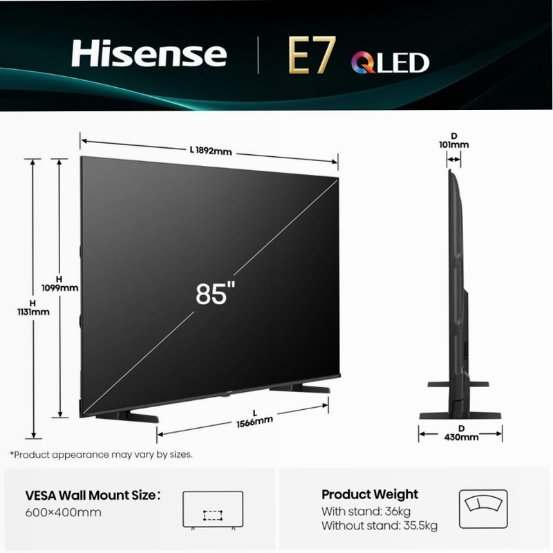 Hisense TV SET 85E7Q HSN - Sperimenta l'Ultra HD Nero 85"